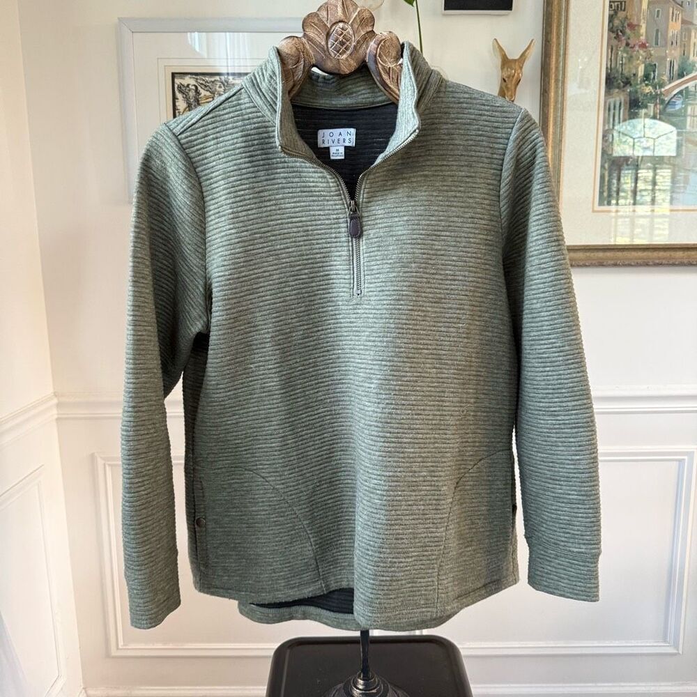 Joan Rivers Moss Green Horizontal Rib Quarter Zip Pullover Pockets M